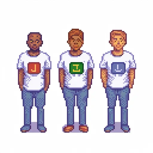 Prompt: four guys with J.G.O text on shirts