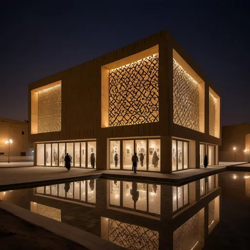 Prompt: a kurdish museum in a urban location in isfahan at night made by brutal material with a romantic atmospher