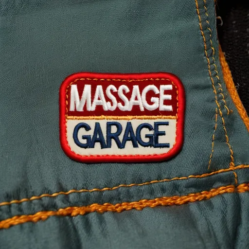 Prompt: embroidered name patch that says "massage garage", lotion bottle, worn and old, sewn onto a jumpsuit pocket