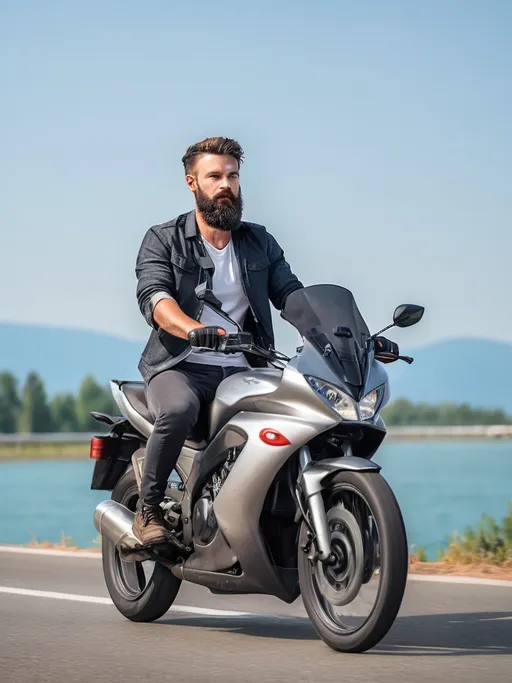 Prompt: 5.5fr masculine guy with beard riding bike without helmet