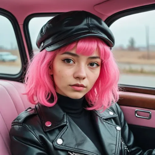 Prompt: a woman with pink hair and a black jacket in a car with a pink wig on her head and a black leather jacket on her shoulders, Elina Karimova, neo-fauvism, pink, a colorized photo