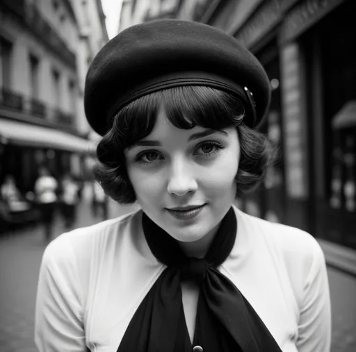 Prompt: Realistic vintage photography of a young woman, 1920s Paris street, cobblestone pathway, black and white, old-fashioned attire, classic beret hat, retro camera in hand, bustling city atmosphere, detailed facial features, high-quality, vintage, classic, black and white, bustling street, retro fashion, Parisian, detailed expression, realistic lighting, wearing high heels shoes!