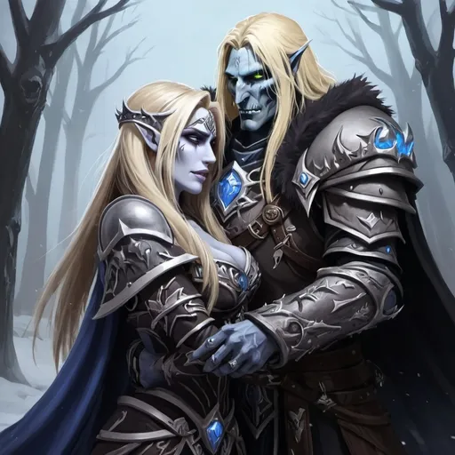 Prompt: Wow fan art, arthas menethil undead and sylvanas windrunner in romance, king and queen