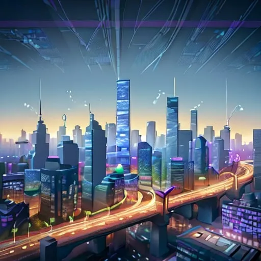 Prompt: Large-scale cityscape with pervasive online connectivity, interconnected network of buildings, seamless online access, data streams connecting buildings, high-res, interconnected, public places, geographic information system geometries, urban, futuristic, detailed architecture, professional digital rendering, vibrant and dynamic lighting, cyberpunk aesthetic