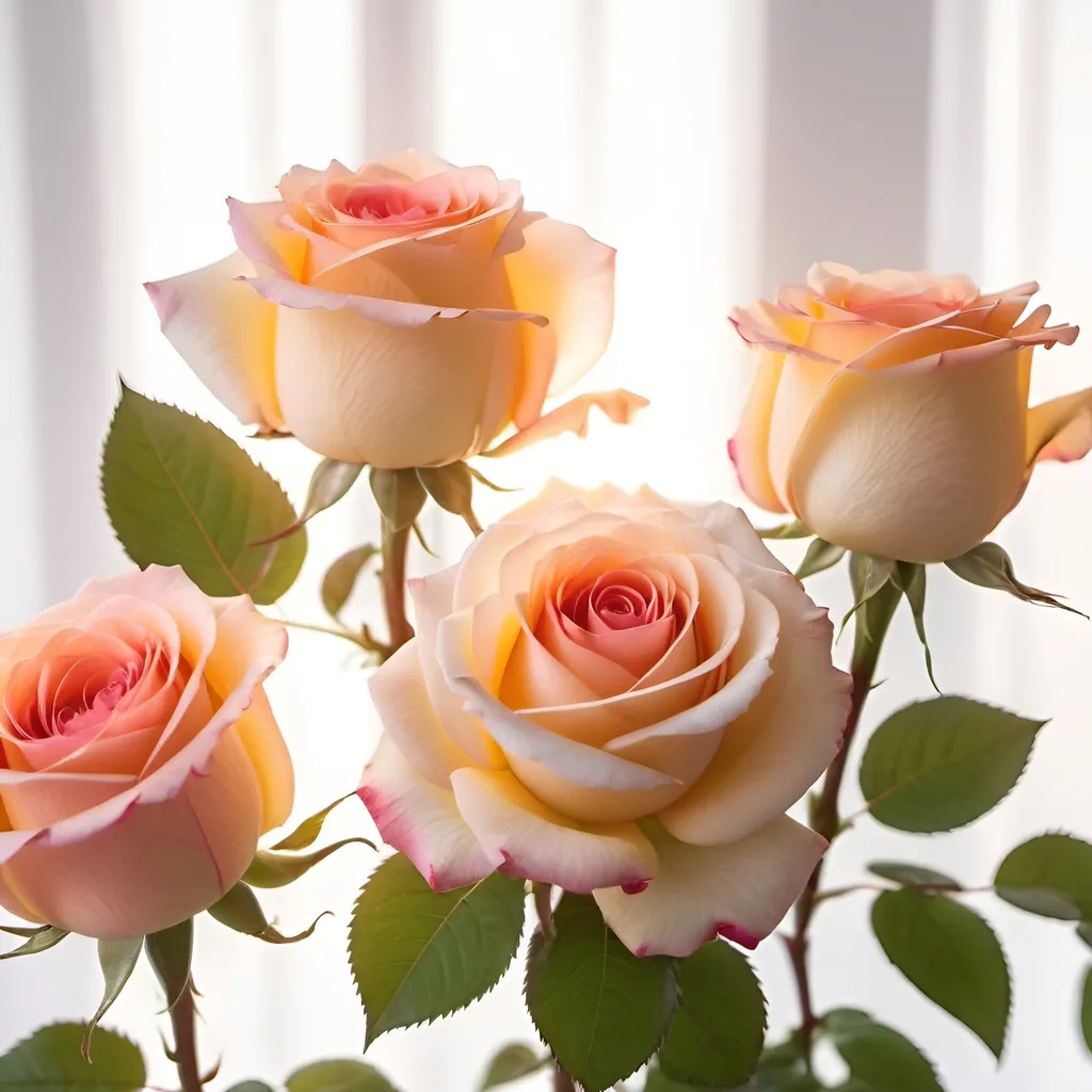 Prompt: Beautiful flowers on white background for someone loved. Roses lit by sunlight, semitransparent petals. Absolutely beautiful