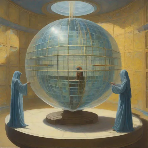 Prompt: Painting of veiled non-human entities in a spherical room, pulling square glass plates from the wall to add to the quasiabstract multidimensional spherical cosmic matrix in the center