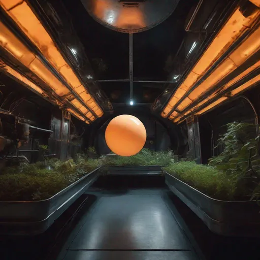 Prompt: pale orange orb floating through a dark retro industrial surreal spaceship garden in zero g at night, dim warm lighting, f8, at night