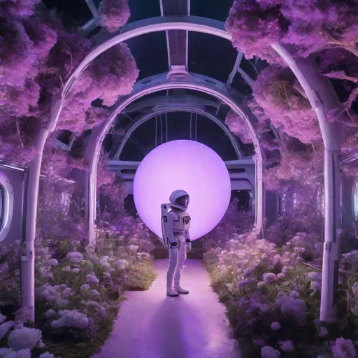 Prompt: pale lilac orb floating through a spaceship garden in zero g with a jetpack in the styles of Junji Ito and David LaChapele, dim warm lighting, f8