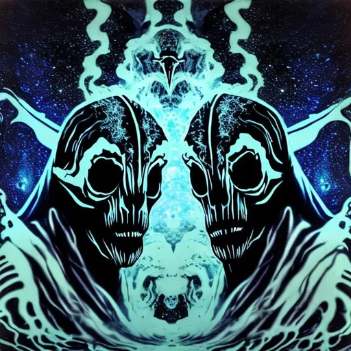 Prompt: photo of (two robed silhouettes) wearing (a goat skull with horns made of galaxies piercing its own eyes) treading water under water forming (a greater picture where the robed figures are the eyes of the goat skull mask) in the style of psychedelic art