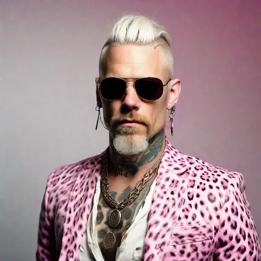 Prompt: photo realistic portrait of {a pale white male of Celtic heritage, age 40, piercings, tattoos, long white hair, braided white beard, pink lens aviators, leopard print blazer over a ripped white Henley}, centered in frame, facing camera, symmetrical face, ideal human, 85mm lens,f8, photography, ultra details, natural light, dark suburban background, photo, Studio lighting, in the style of a rockstar in the Midwest punk scene