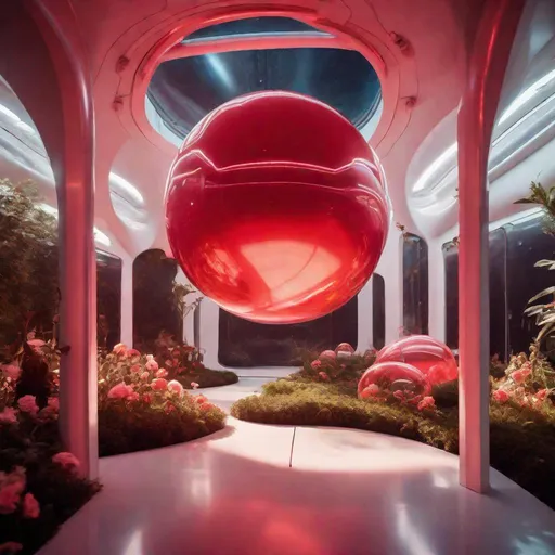 Prompt: Photo of pale red orb floating through a spaceship garden in zero g with a jetpack in the styles of Zaha Hadid and David LaChapele, dim warm lighting, f8