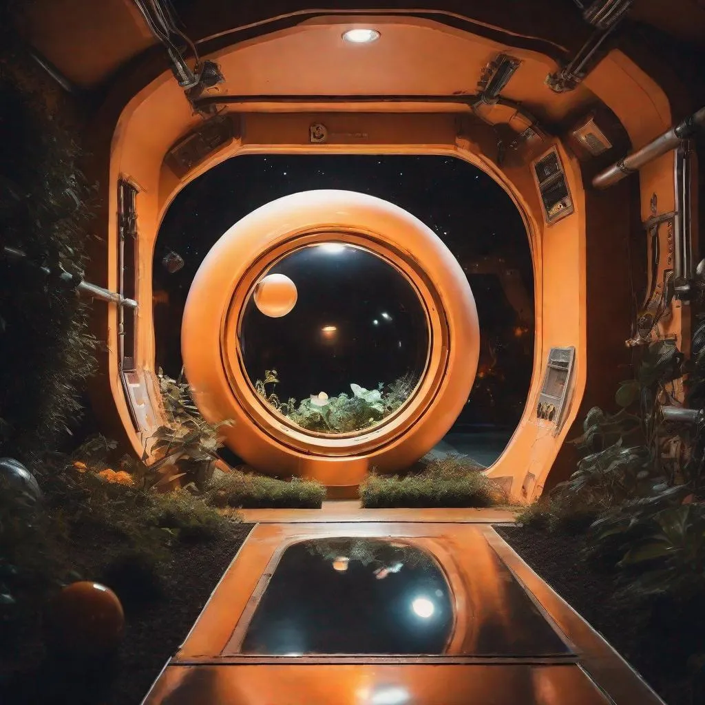 Prompt: pale orange orb floating through a dark retro industrial surreal spaceship garden in zero g at night, dim warm lighting, f8, at night