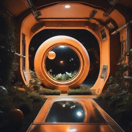 Prompt: pale orange orb floating through a dark retro industrial surreal spaceship garden in zero g at night, dim warm lighting, f8, at night