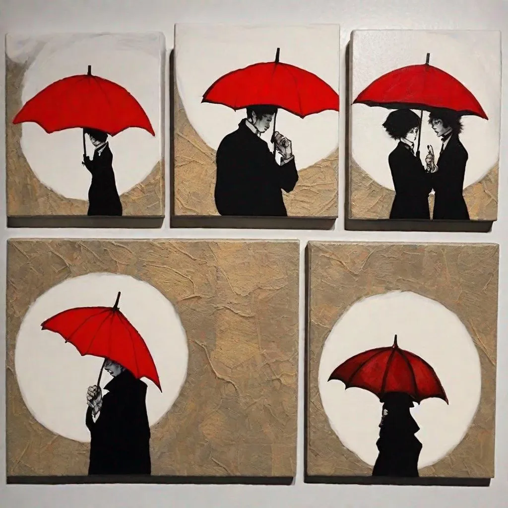 Prompt: various acrylic paintings of "red umbrella" on 3"x3" square canvases in the styles of Junji Ito, Egon Schiele, and Aubrey Beardsley