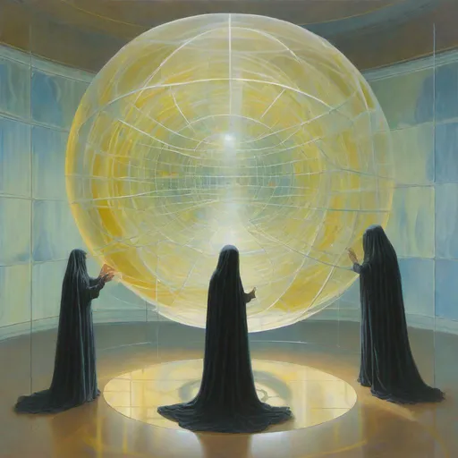 Prompt: Painting of 2 veiled non-human entities in a spherical room, pulling square glass plates from the wall to add to the quasiabstract multidimensional spherical matrix in the center