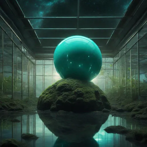 Prompt: pale teal orb floating through a dark rocky surreal mossy asteroid greenhouse in zero g at night, dim warm lighting, f8, at night
