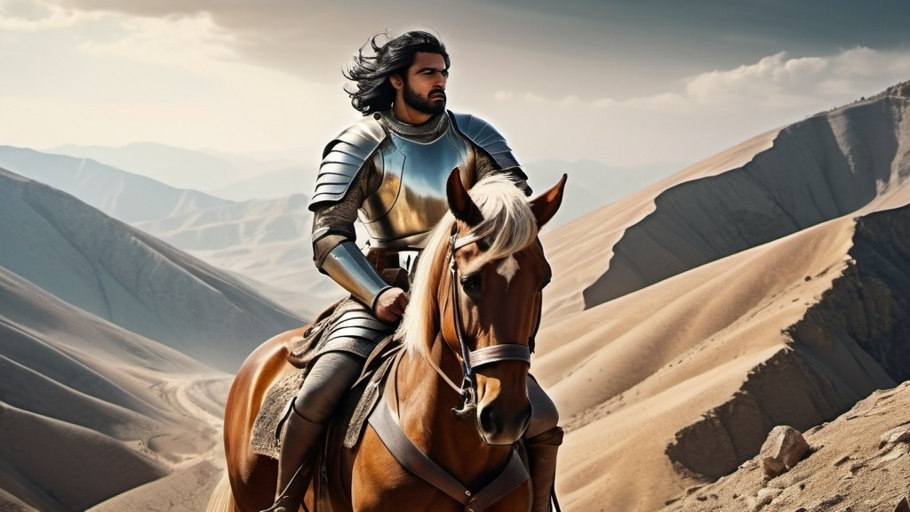 Prompt: A Muslim warrior man in armor looks down at the most far stretch of the mountain on a horse in armor. It's windy. His hair is fluttering in the wind. The horse is stationary. High resolution Image quality