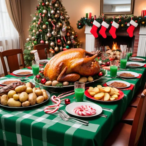 Prompt: A Christmas table there are  two roast turkeys, a lot of potatoes, some slices of bread, lots of candy canes, 10 glasses and 10 plates. There are 3 bottles of water and a bottle of juice on the table. The tablecloth is green. In the background there is a Christmas tree with a huge amount of  and a fireplace with 6 stockings. On the floor in front of the table there are a lot of presents. 