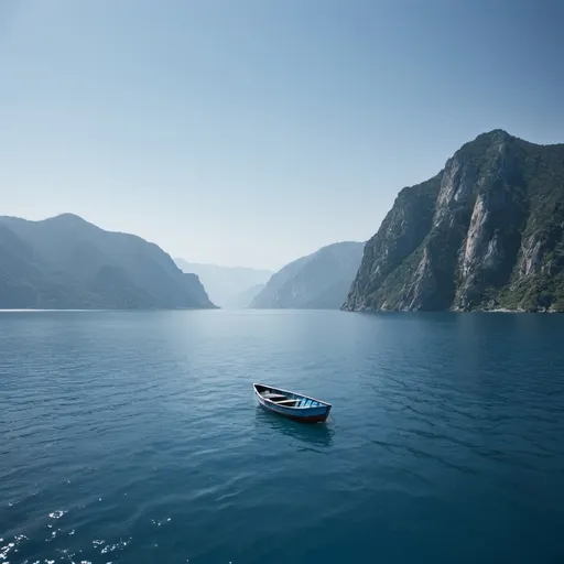 Prompt: alone, sea, lonely boat, person, in the middle of the sea, mountains around, blue color