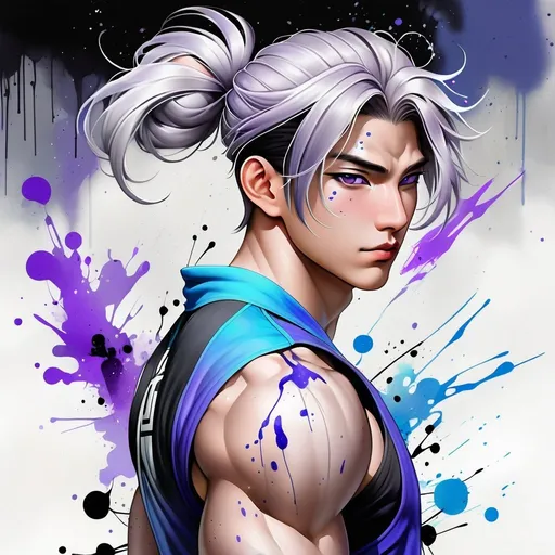 Prompt: digital watercolor painting, a beautiful asian man wearing athleisure, full body image, muscular, purple eyes, long silver hair in a bun, paint splatter, black and blue, bold brush strokes, art nouveau
