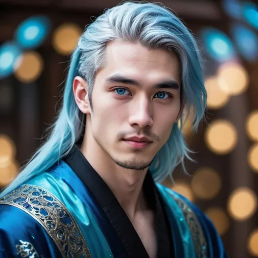 Prompt: A beautiful man, bokeh, cosmic blue eyes, long iridescent blue hair, half asian half white features, pale skin, cosmic back up, intricate black and blue robe