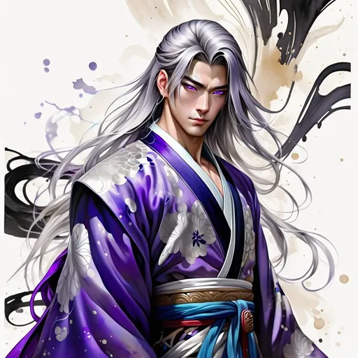 Prompt: digital watercolor painting, a beautiful asian man wearing an intricate robe, full body image, muscular, bright purple eyes, long silver hair, paint splatter, black and blue, bold brush strokes, art nouveau