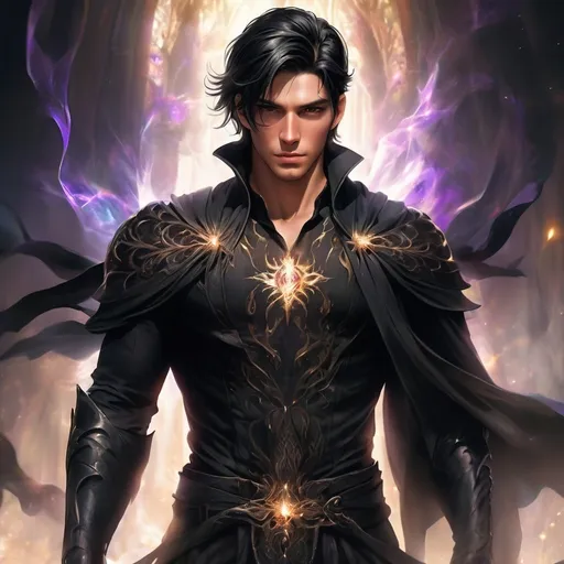 Prompt: Extremely Handsome male with tan skin in dark clothing, brown eyes, short thick black hair, mystical fantasy style, ethereal lighting, detailed fantasy elements, high quality, fantasy art, full body image, mystical aura, majestic presence, vibrant colors, ethereal atmosphere, 