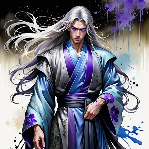 Prompt: digital watercolor painting, a beautiful asian man wearing an intricate robe, sad, full body image, muscular, purple eyes, long silver hair, paint splatter, black and blue, bold brush strokes, art nouveau