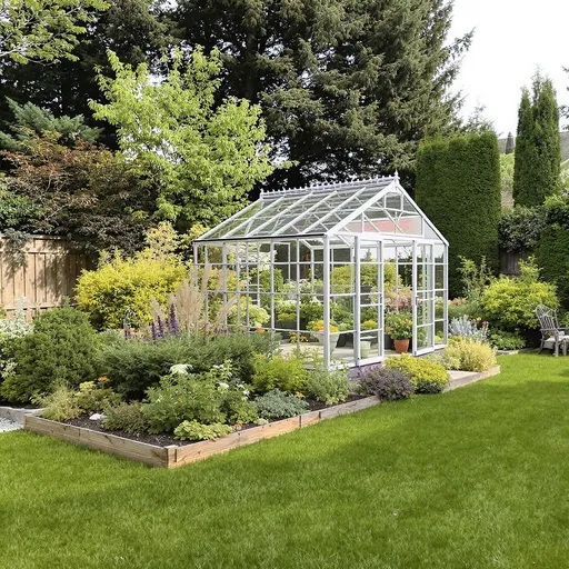 Prompt: a backyard with a greenhouse and vegetable garden