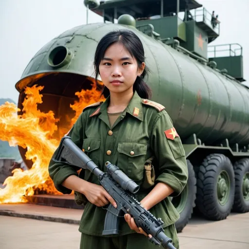 Prompt:  girl vietnam solider with dragon fire and water cold tank ship shot