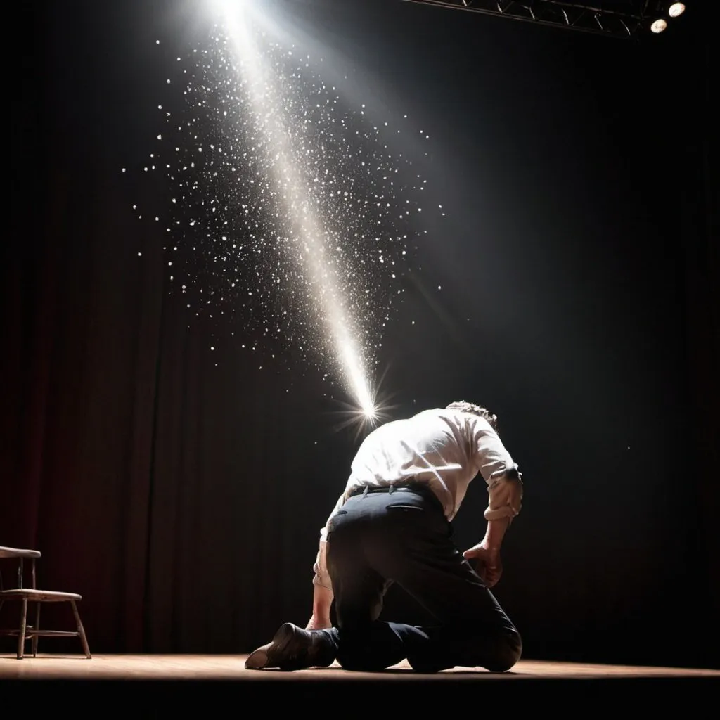 Prompt: 2048 x 1152 image pin spotlight falling from above the stage onto the actor's head