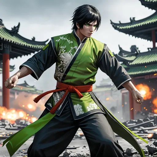 Prompt: masterpiece, best quality, a boy with  green eyes and black hair wearing chinese traditional martial arts cloths colourd of black with green details, intricate, battlefield 4k