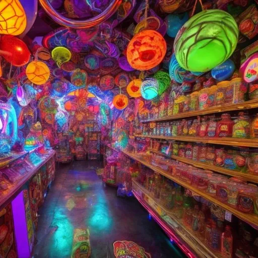 Prompt: A cool place where adult  candy is sold. This place has big speakers and playing psytrance 