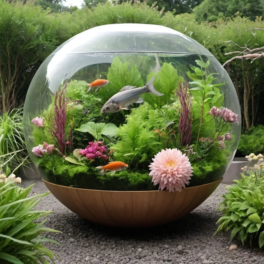 Prompt: 1 natural pods with fish in it surrounds with flowers and plants