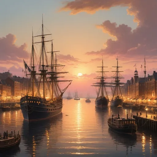 Prompt: Create a wide harbor scene with various ships and boats, viewed from a distance. The scene should capture the ambiance of a bustling port with ships anchored and docked. In the background, there should be a silhouette of a city skyline at sunset, with the sky painted in hues of orange and pink. The lighting should be warm and soft, casting a golden glow over the water and the ships, highlighting the intricate details of the scene.