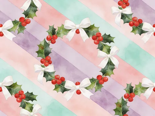 Prompt: Seamless watercolor Christmas pattern with diagonal pastel stripes in mint, blush pink and lavender, holly leaves with red berries and white ribbons and bows, soft hand painted style, high detail, high resolution, 12x12 inches, repeating tile
