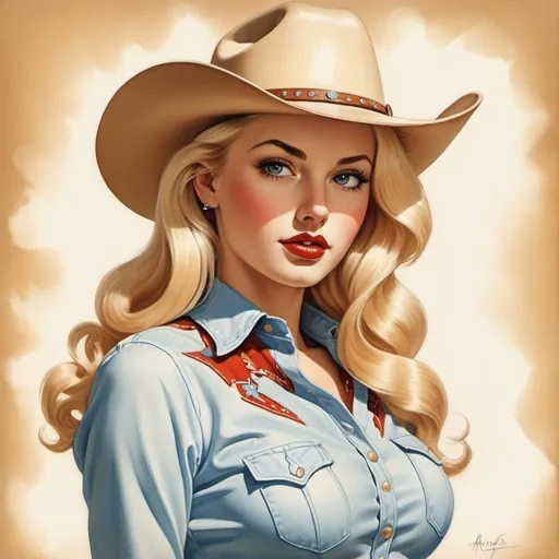 Prompt: in the style of Alberto Vargas create a portrait of a beautiful blonde cowgirl