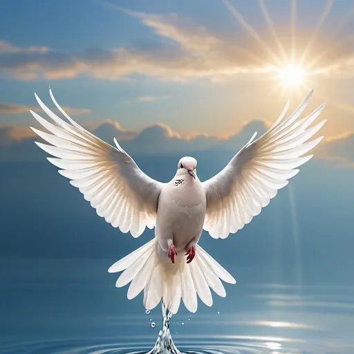 Prompt: dove with open wings descending from the sky towards a smooth and beautiful water