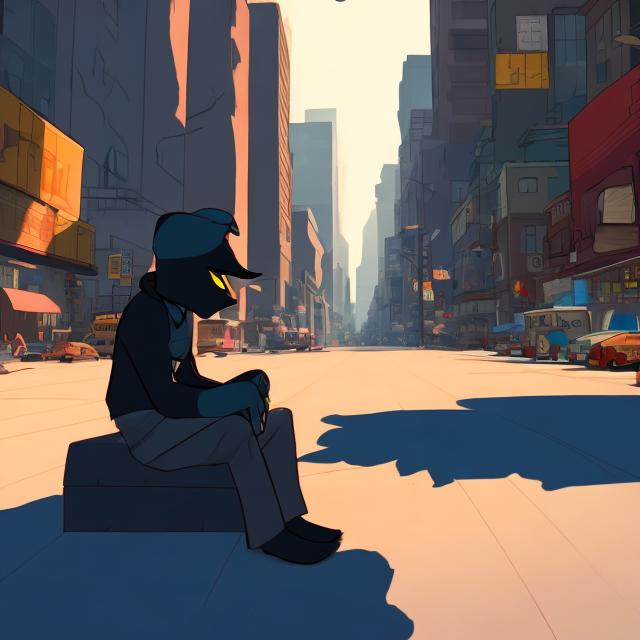 Prompt: cartoon character is sitting with his shadow in the city
