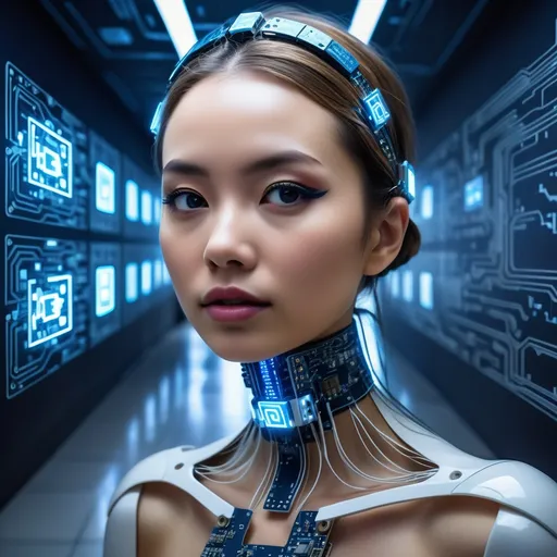 Prompt: a woman with a futuristic headpiece in a hallway with blue lights and a circuit board in the background, Ai-Mitsu, computer art, cybernetic, computer graphics