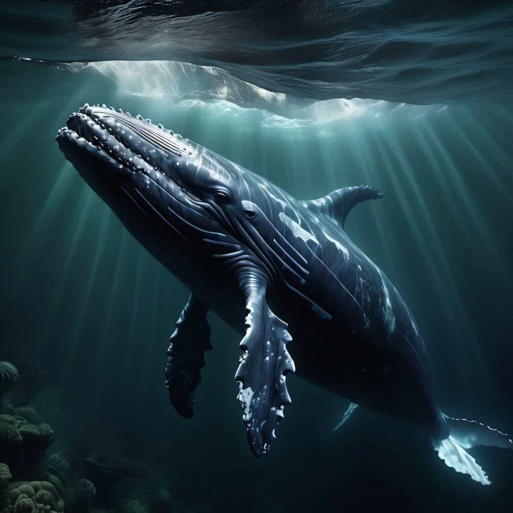 Prompt: (humpback whale displaying strange behavior), sinister and exaggerated expressions, chaotic ocean scene, dark and deep blues blending with murky greens, jagged waves lending to an unsettling atmosphere, dramatic lighting and shadows for depth, an eerie ambiance, ultra-detailed, 4K resolution, capturing the essence of an unnerving underwater world.