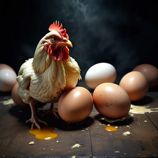 Prompt: (infected chicken eggs), ominous virus outbreak, (scarred eggs), decaying chicken, (dilapidated state), dramatic lighting, (gloomy ambiance), eerie colors, high detail, unsettling atmosphere, danger of consumption, dark background, (HD), (photorealistic) representation, frightening scene, increased sense of dread.