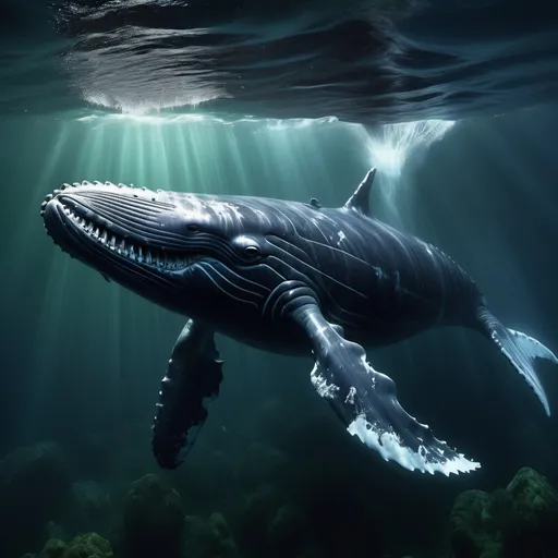 Prompt: (humpback whale displaying strange behavior), sinister and exaggerated expressions, chaotic ocean scene, dark and deep blues blending with murky greens, jagged waves lending to an unsettling atmosphere, dramatic lighting and shadows for depth, an eerie ambiance, ultra-detailed, 4K resolution, capturing the essence of an unnerving underwater world.