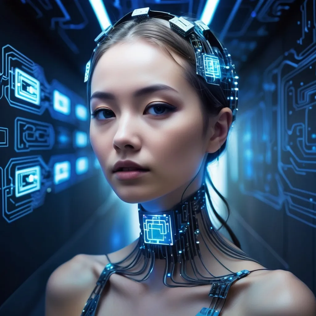 Prompt: a woman with a futuristic headpiece in a hallway with blue lights and a circuit board in the background, Ai-Mitsu, computer art, cybernetic, computer graphics