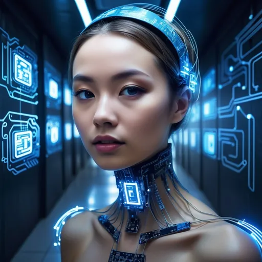 Prompt: a woman with a futuristic headpiece in a hallway with blue lights and a circuit board in the background, Ai-Mitsu, computer art, cybernetic, computer graphics