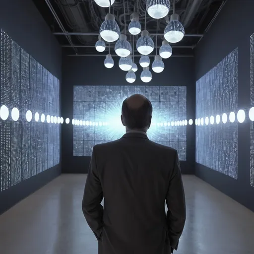 Prompt: a man in a suit looking at a wall of lights in a room with a ceiling of lights and a ceiling of lights, Art & Language, les automatistes, cybernetics, computer graphics