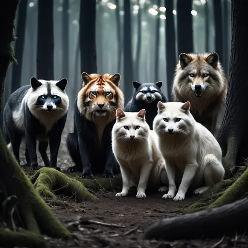 Prompt: diffrent Animals all in 1 picture Acting Strange With eyes watching from every direction with anger and revenge. scary scene in a late evening but not too dark forest