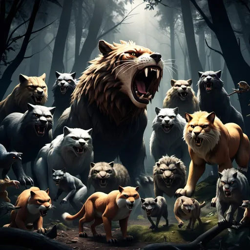 Prompt: (AI enhanced realism) over 10 animals, (strangely behaving) in a dense forest, (intense atmosphere) showcasing various angry, scary creatures including Big birds and small evil birds bear, wolf, and wildcat lion tiger bear squirells foxes, (dynamic poses) expressing aggression, (intricate details) blending shadows and light, (grim ambiance) in a dark, mysterious setting, (photorealistic), ultra-detailed, (high quality) with a hint of magical realism.