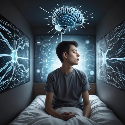 Prompt: a person sleeping with ai effects and brain sleeping