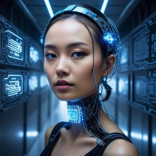 Prompt: a woman with a futuristic headpiece in a hallway with blue lights and a circuit board in the background, Ai-Mitsu, computer art, cybernetic, computer graphics